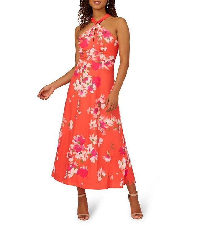 Adrianna Papell Floral Chiffon Halter Keyhole Sleeveless Dress Product Image