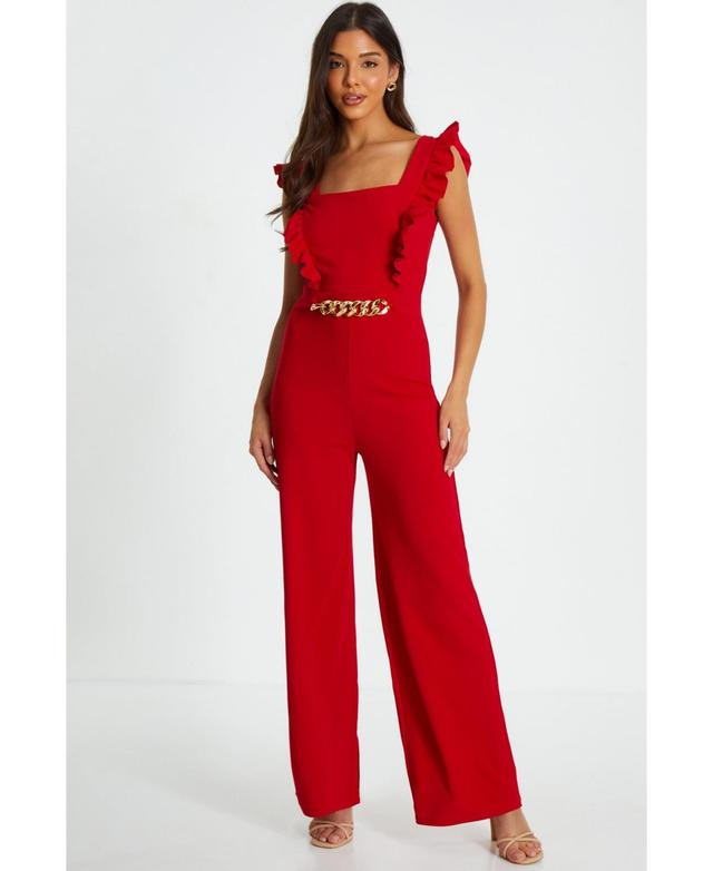 Quiz Womens Scuba Crepe Frill Sleeve Chain Belt Palazzo Jumpsuit Product Image