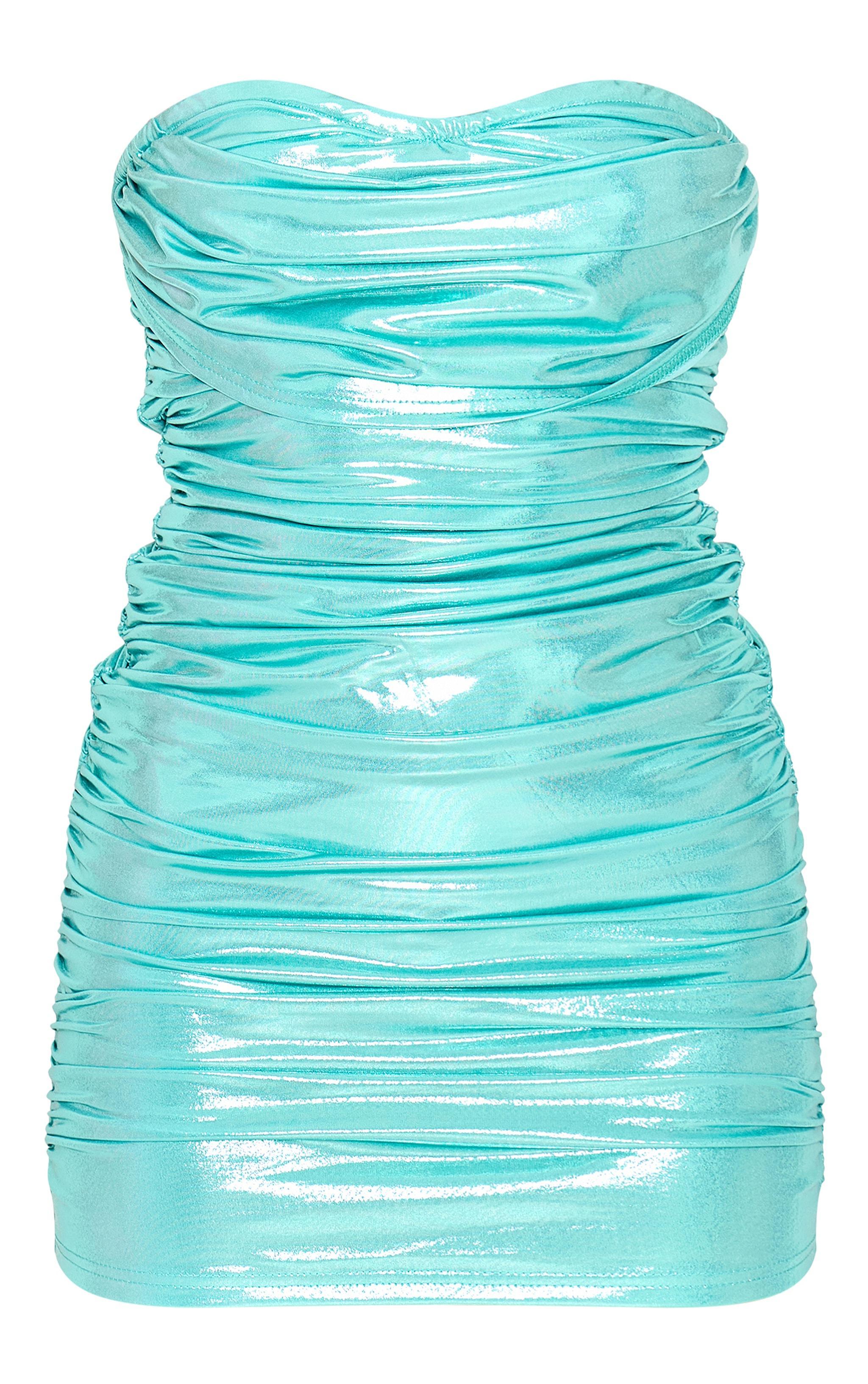 Light Blue High Shine Boned Bandeau Ruched Bodycon Dress Product Image