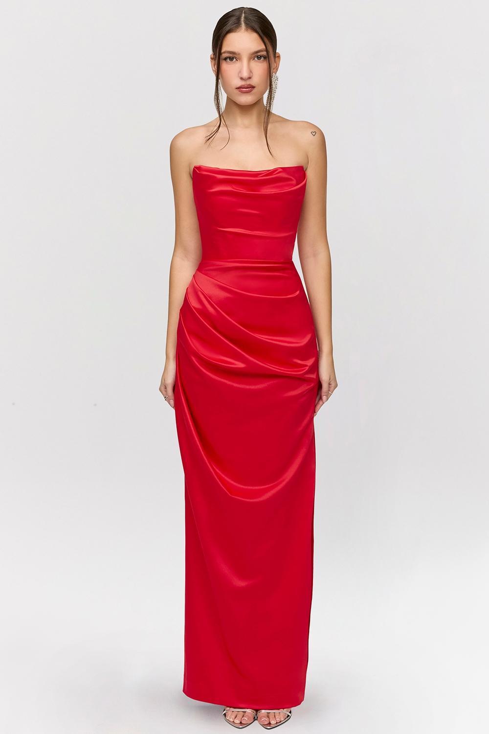 Adrienne Scarlet Satin Strapless Gown Product Image