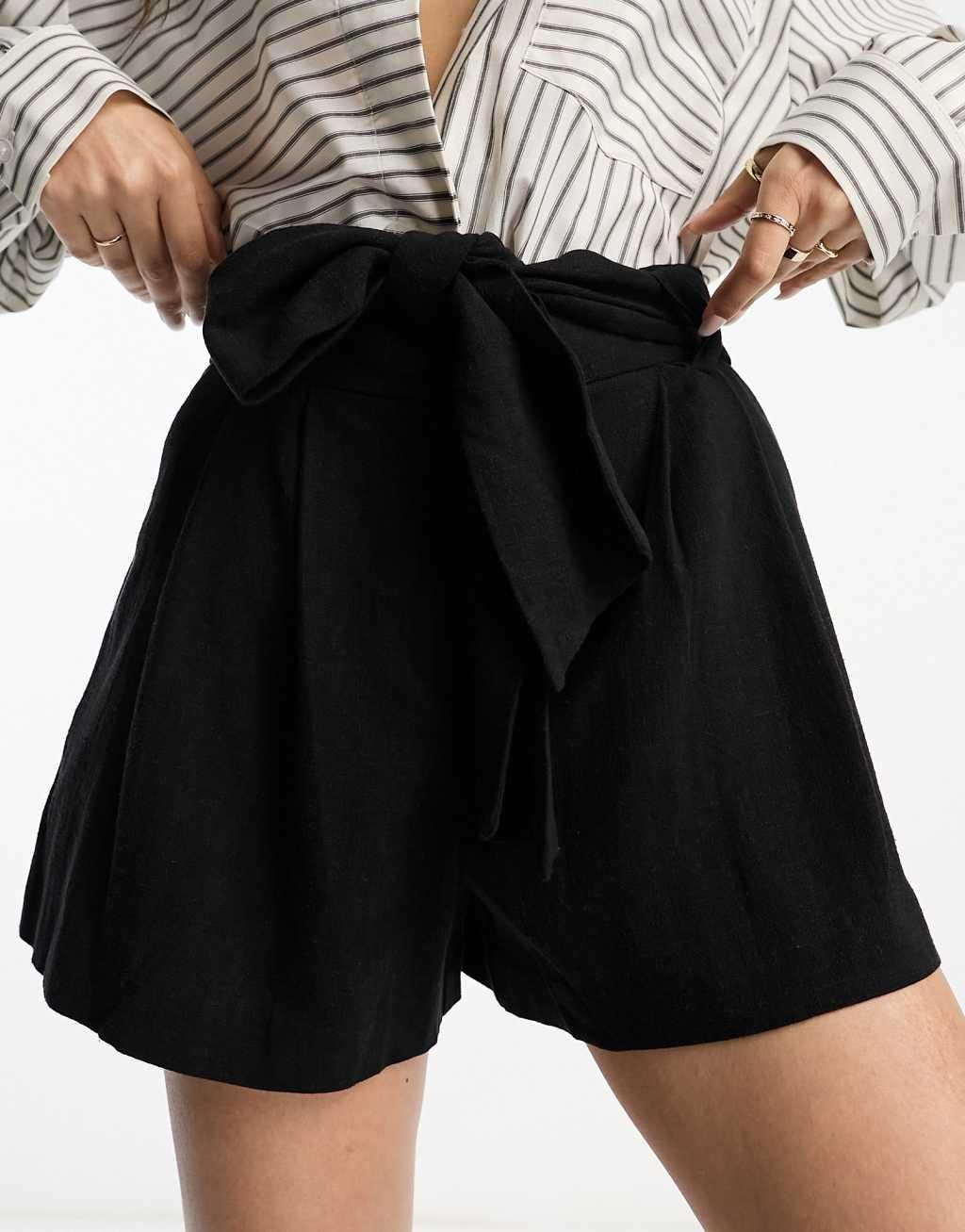 ASOS DESIGN Petite tie waist linen mix shorts in black Product Image