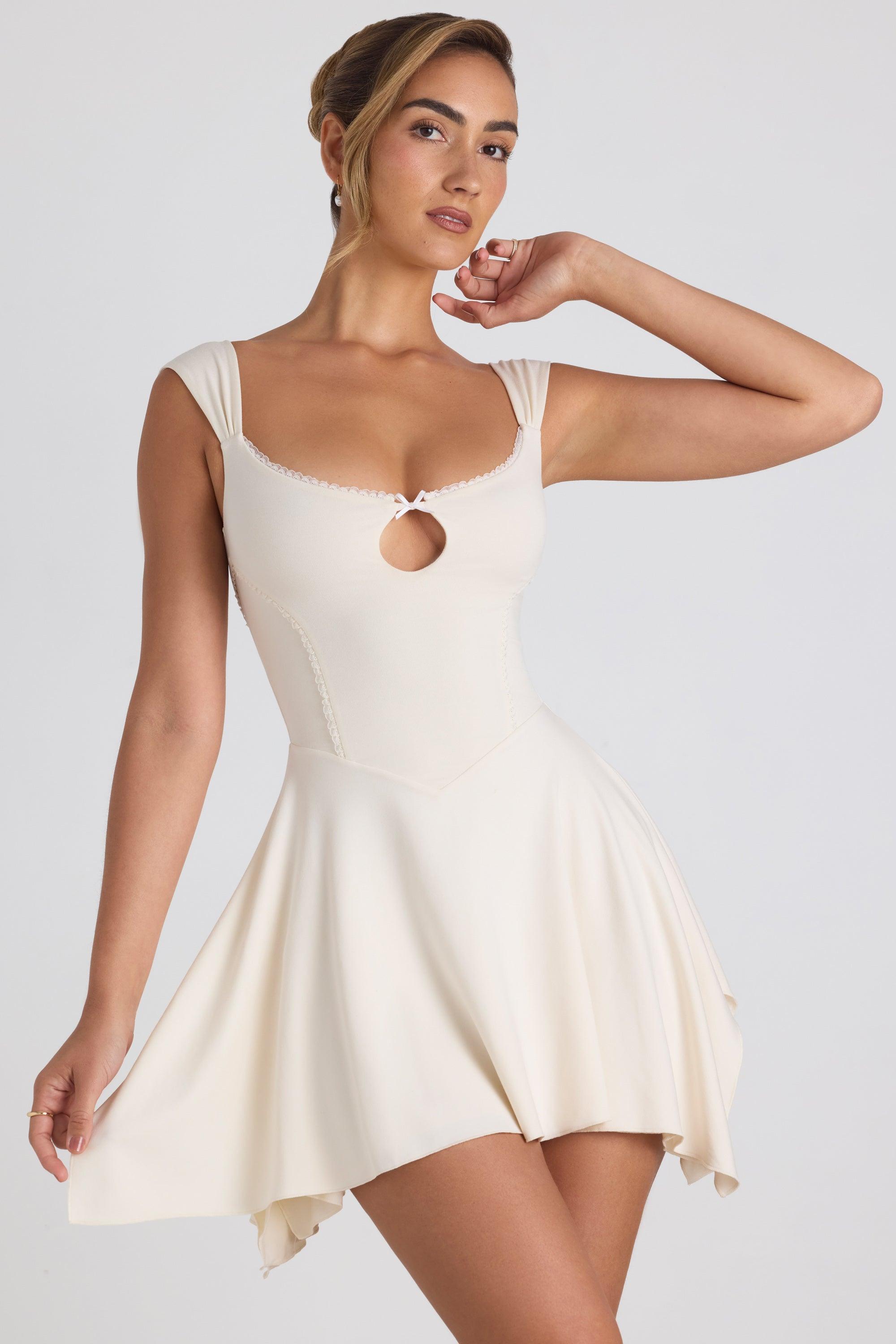 Modal Asymmetric Lace-Trim A-Line Mini Dress in Ivory Product Image