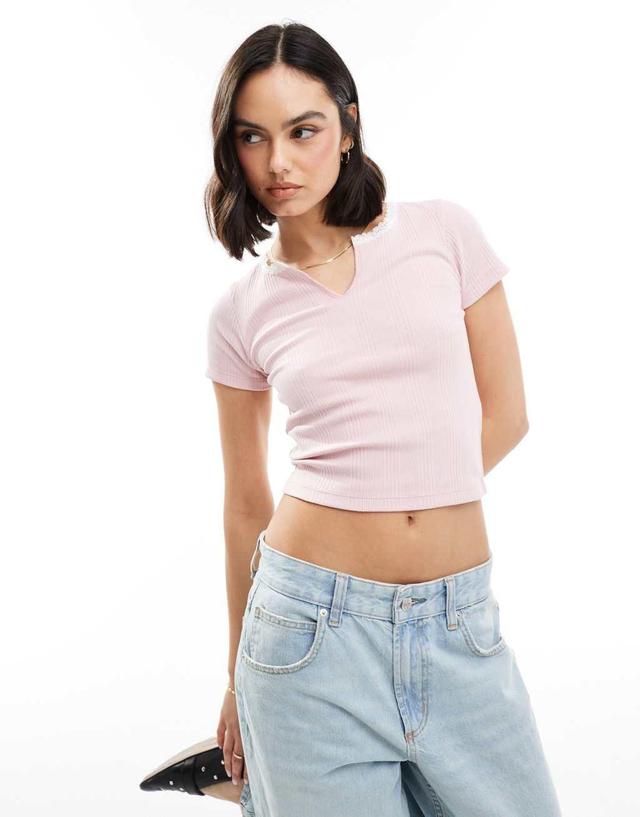 Miss Selfridge short sleeve notch front ribbed t-shirt in light pink Product Image