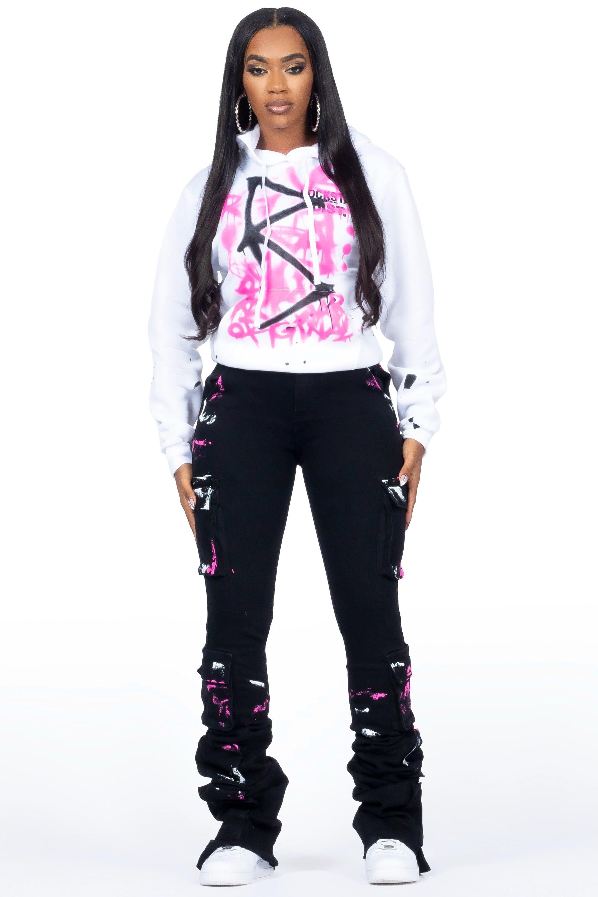 Deandra White/Black Hoodie/Super Stacked Jean Set Female Product Image