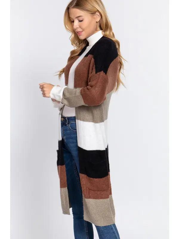 Women's Long Sleeve Open Front Color Block Cardigan Female Product Image