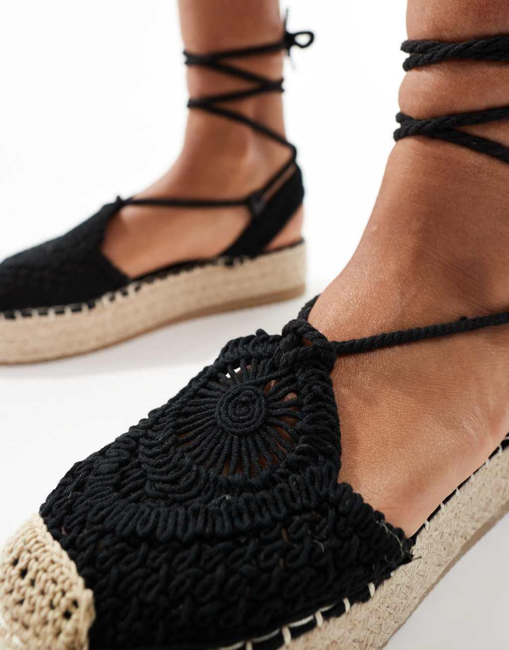 Glamorous crotchet flat espadrilles in black Product Image