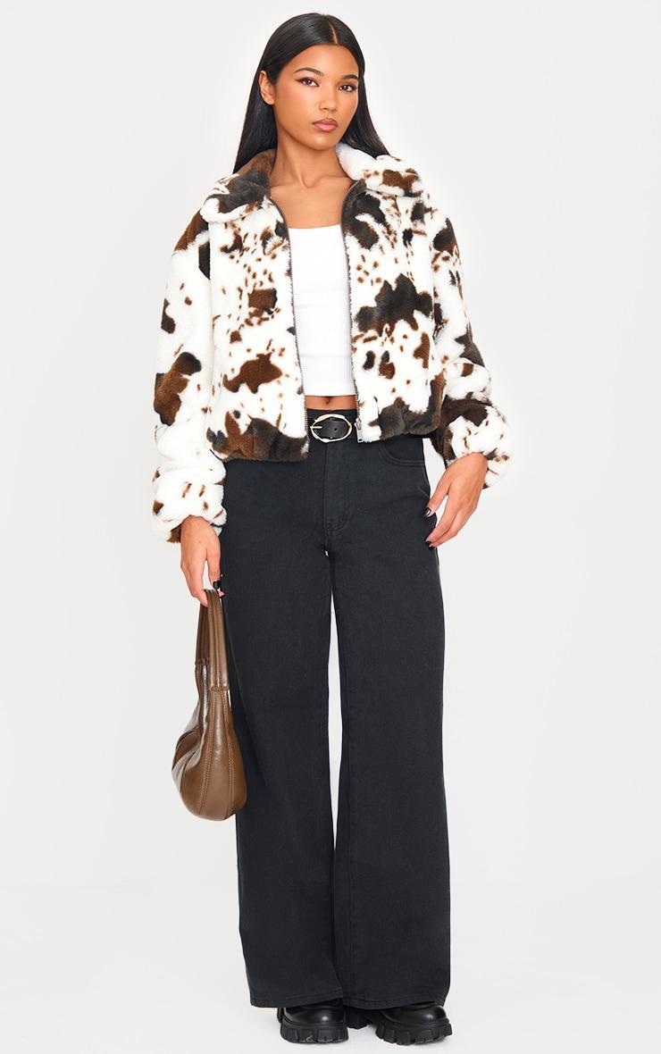 White Faux Fur Cow Print Zip Jacket Product Image