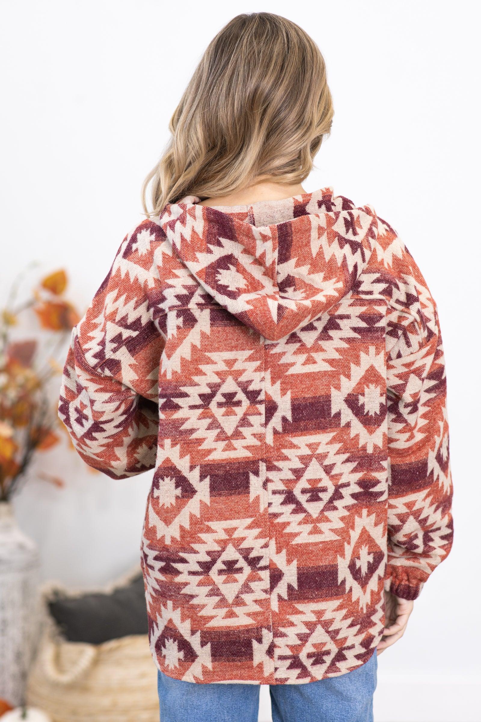 Rust Aztec Print 1/4 Zip Hooded Pullover Product Image