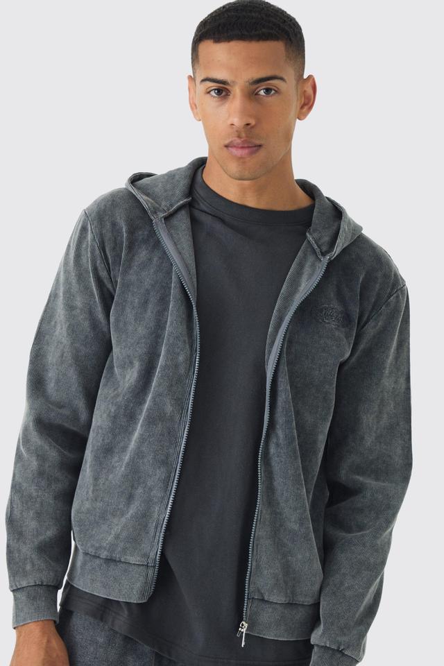 Washed Rib Man Embroidered Zip Through Hoodie | boohooMAN USA Product Image