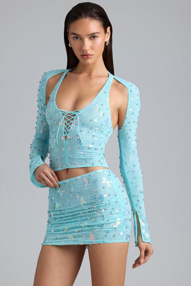 Embellished Cut-Out Halterneck Top in Ice Blue Product Image