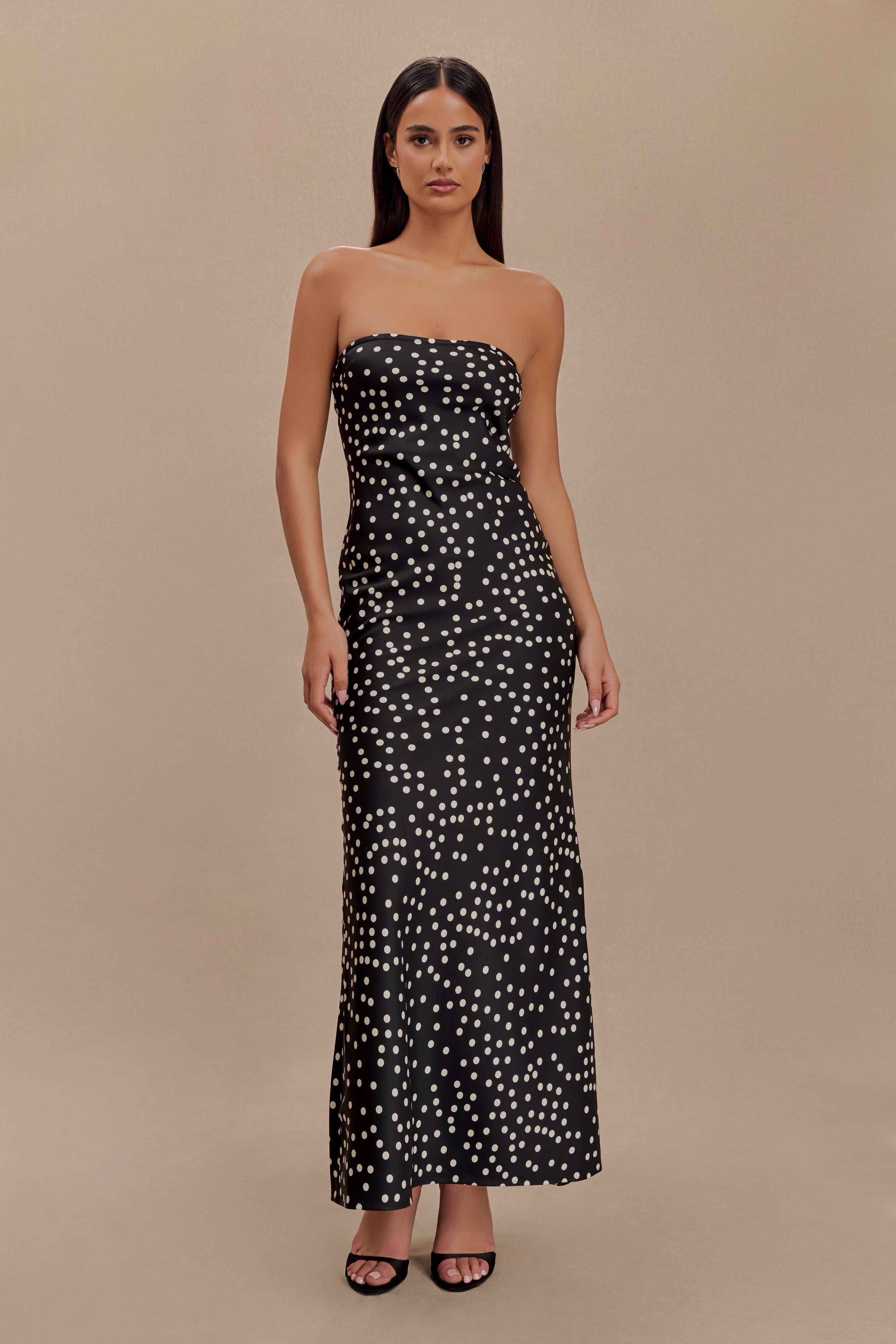 Claudette Strapless Satin Maxi Dress - Black Polka Dot Print Product Image