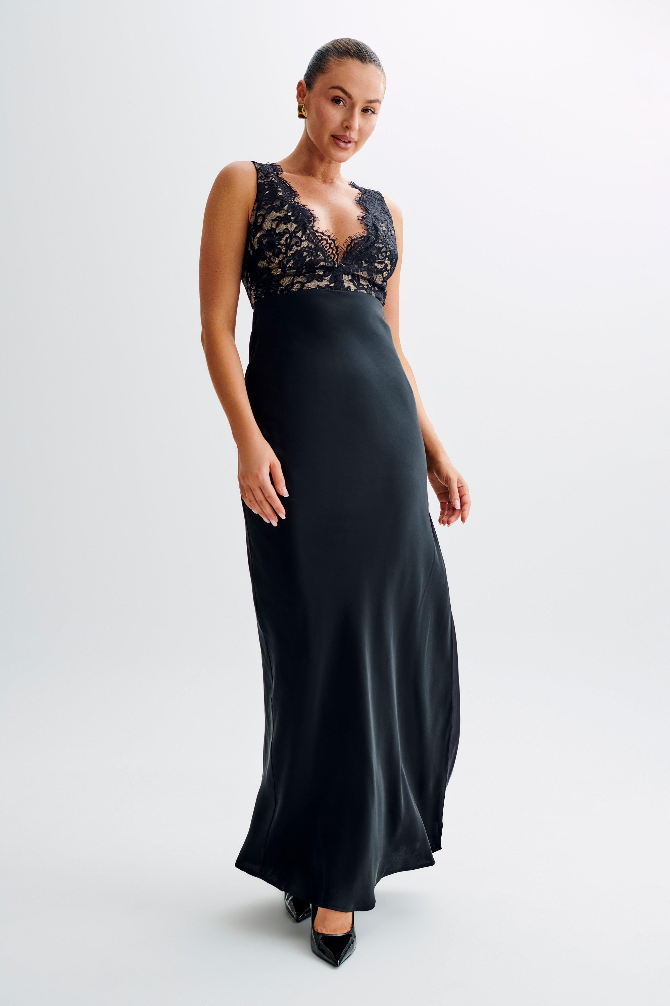 Ricci Satin And Lace Maxi Dress - Black Product Image