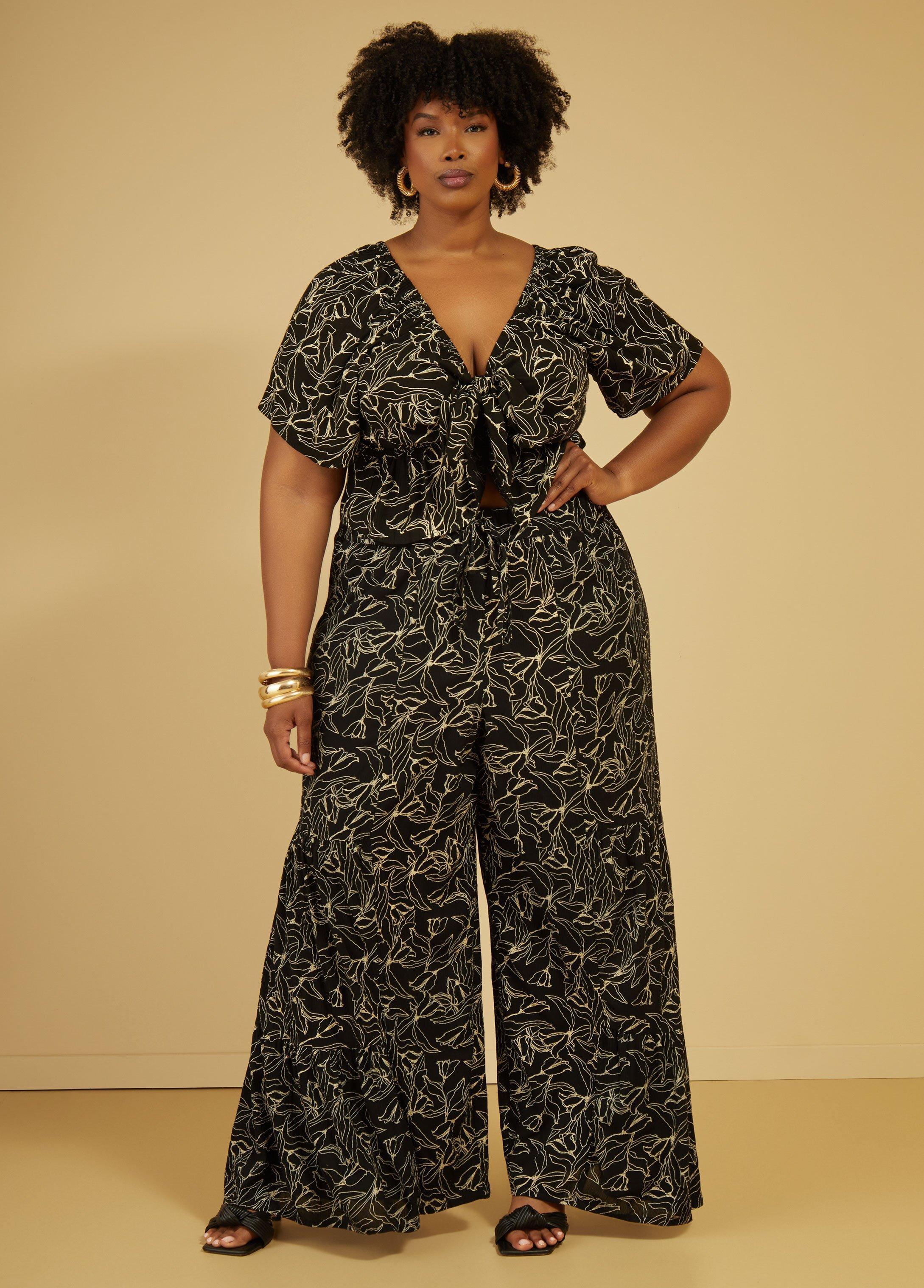 Plus Size Floral Print Flounced Pants Ashley Stewart Product Image