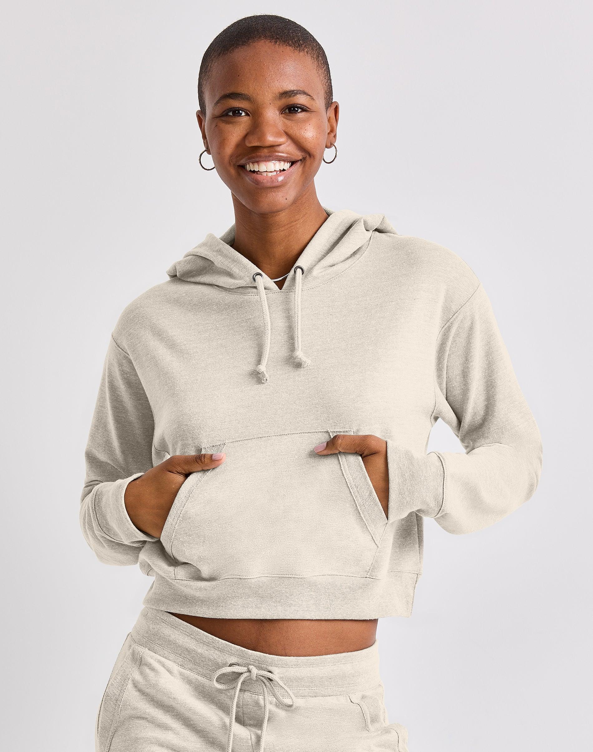 Womens Hanes Cropped Fleece Hoodie Black Pe Grey Product Image