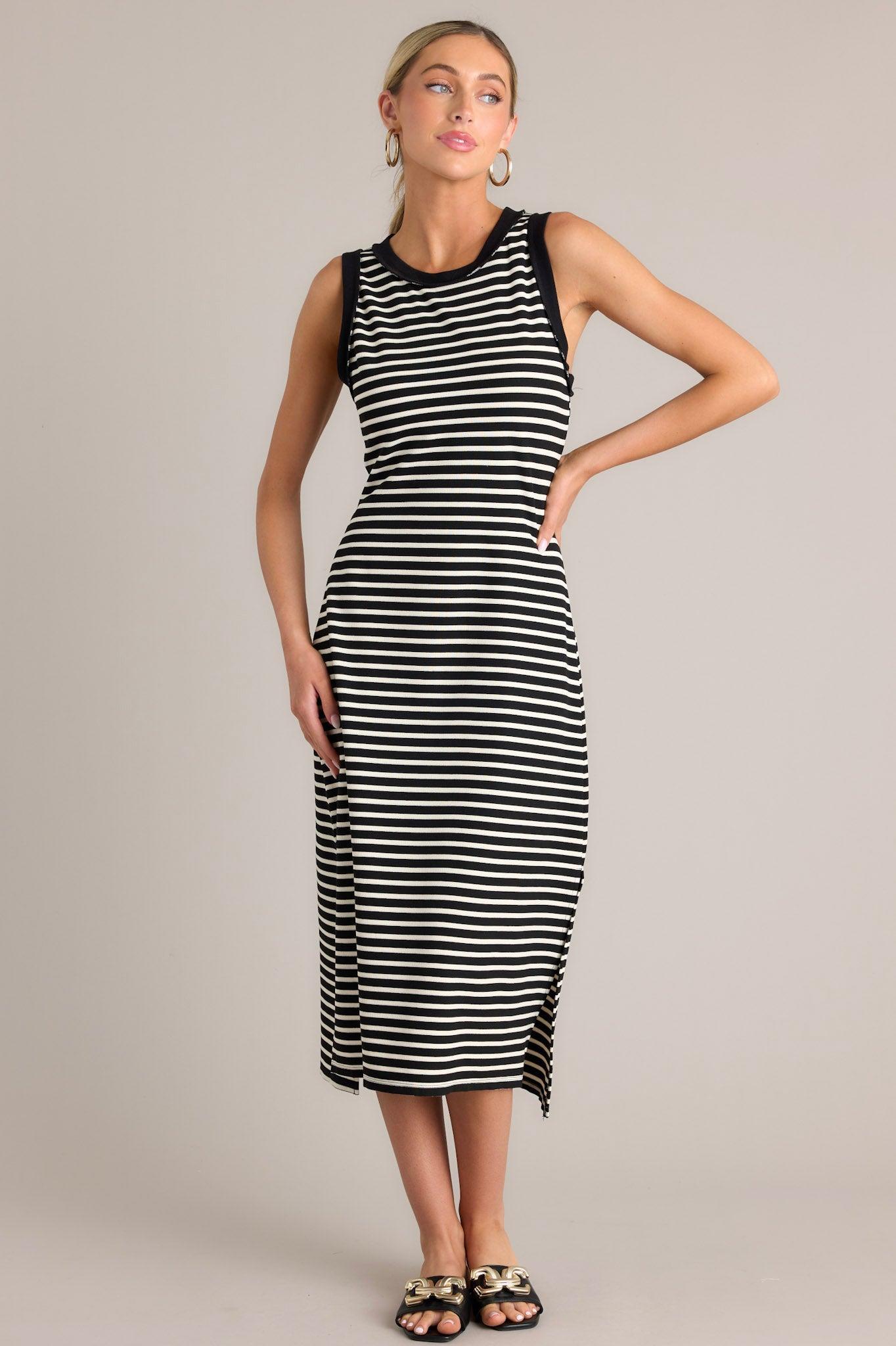 Classic Contrast Black Stripe Midi Dress Product Image