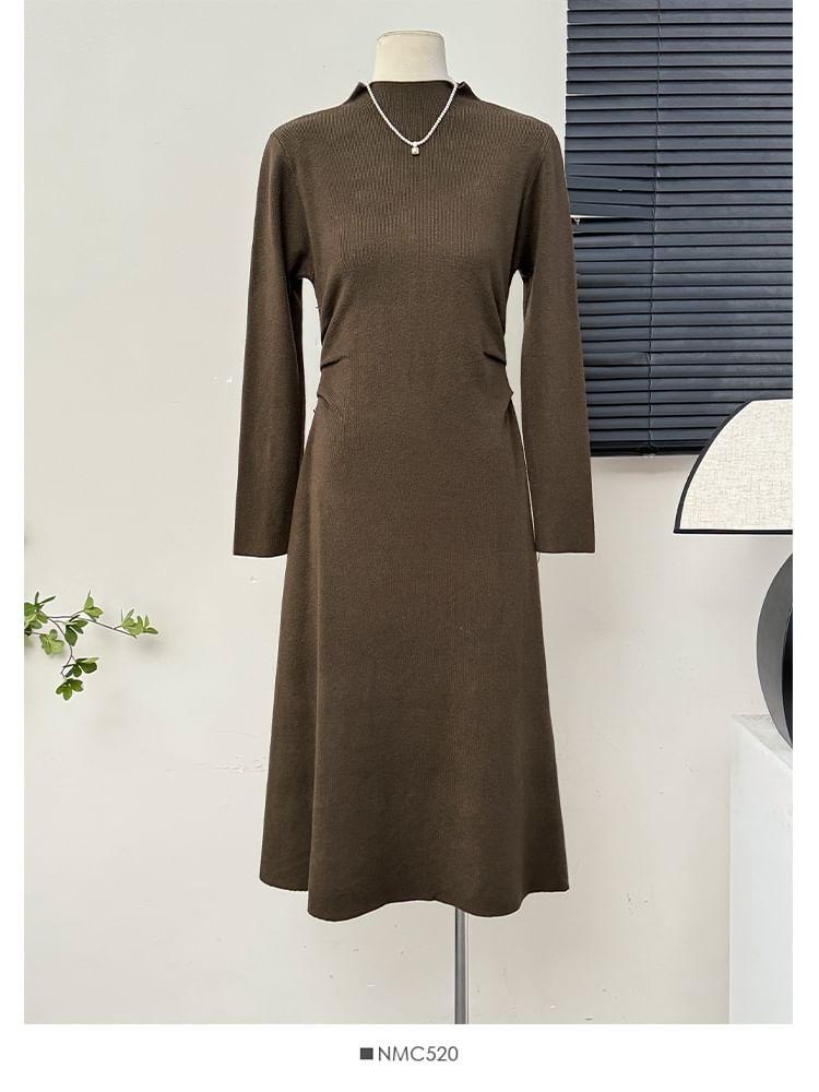 Mock-Neck Ruched Midi A-Line Dress Product Image