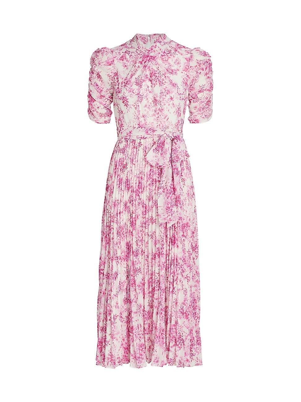 Womens Pleated Belted Floral Midi-Dress Product Image