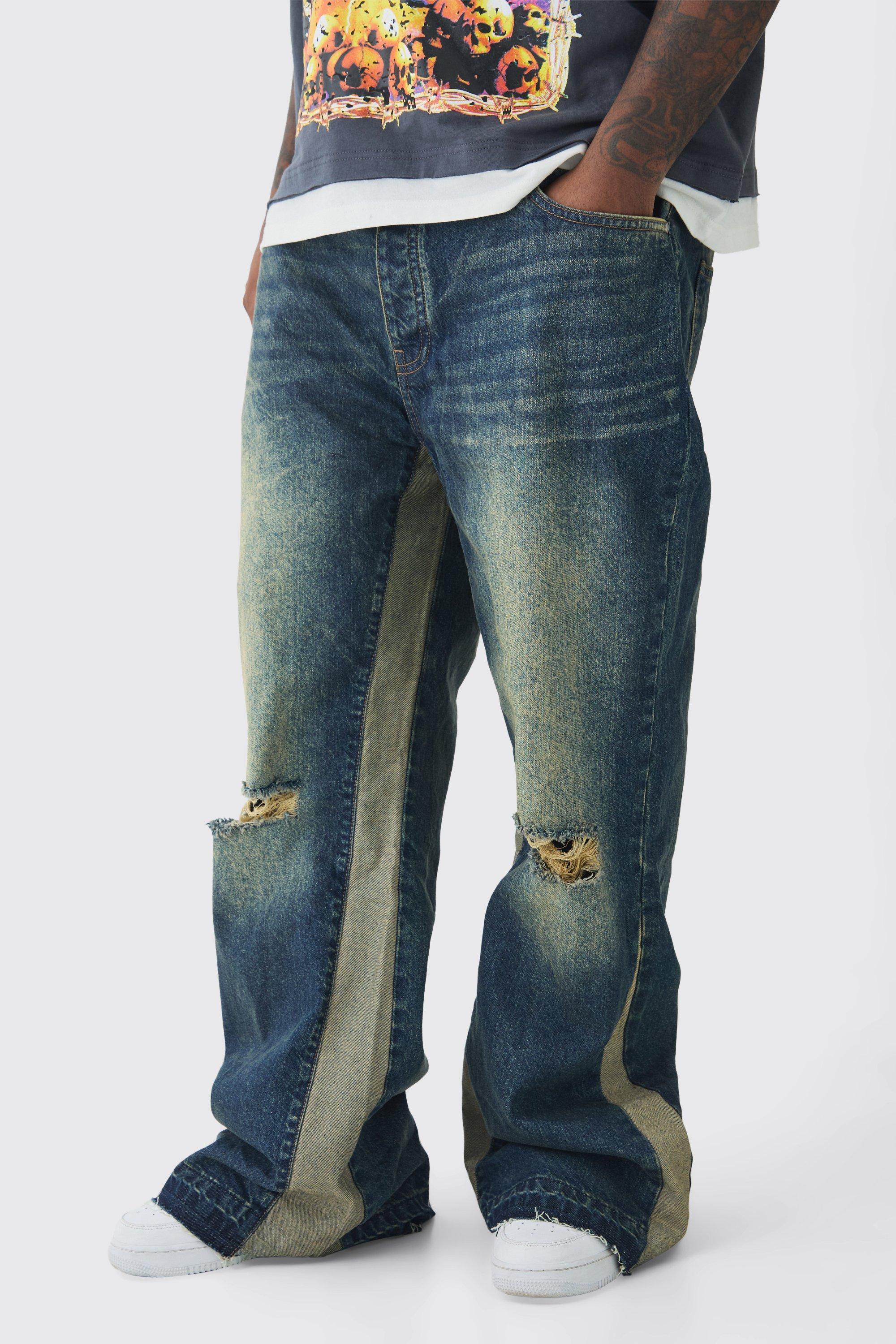 Plus Relaxed Rigid Flare Knee Rip Jeans | boohooMAN USA Product Image