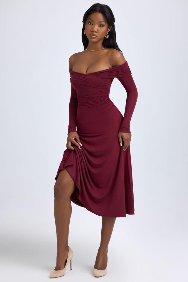 Modal Off-Shoulder Ruched Midaxi Dress in Wine Red Product Image