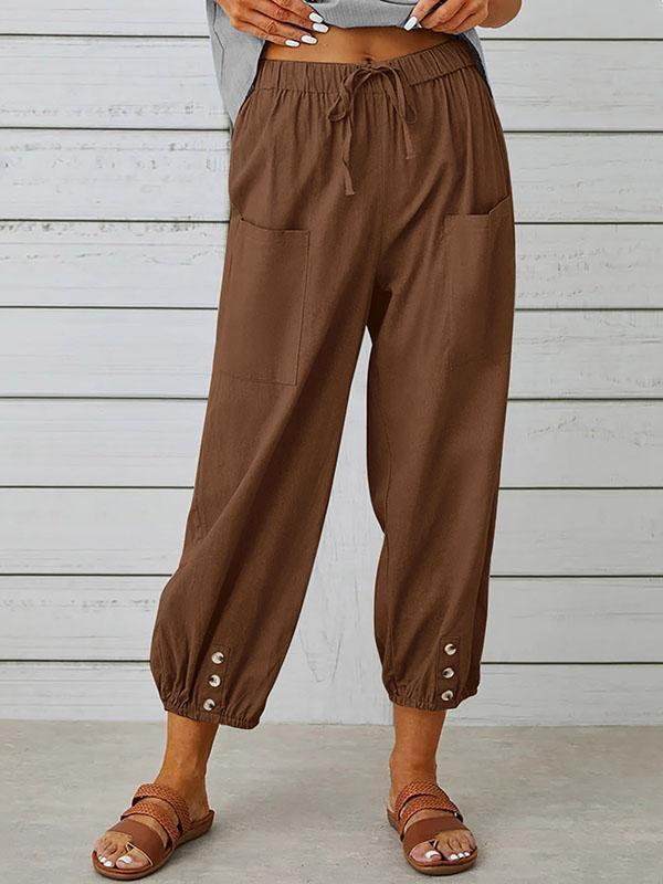 High Waisted Loose Buttoned Drawstring Elasticity Pockets Split-Joint Ninth Pants Trousers Product Image