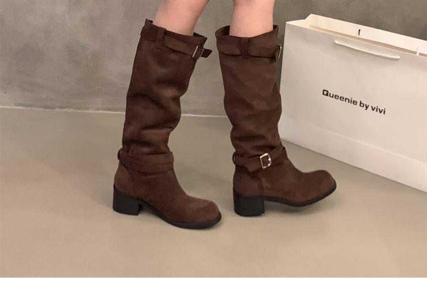 Chunky Heel Plain Buckled Tall Boots Product Image