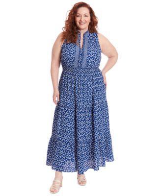 Plus Size Floral-Print Ruffle-Collar Maxi Dress Product Image