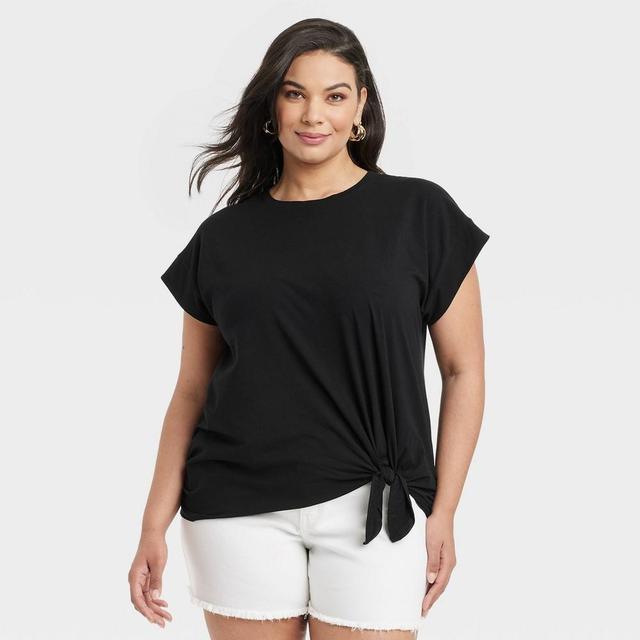 Womens Short Sleeve Side-Tie T-Shirt - Ava & Viv Black 1X Product Image