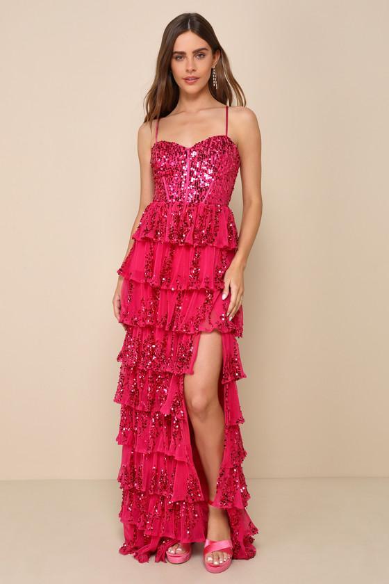 Shimmering Muse Magenta Sequin Tiered Lace-Up Maxi Dress Product Image