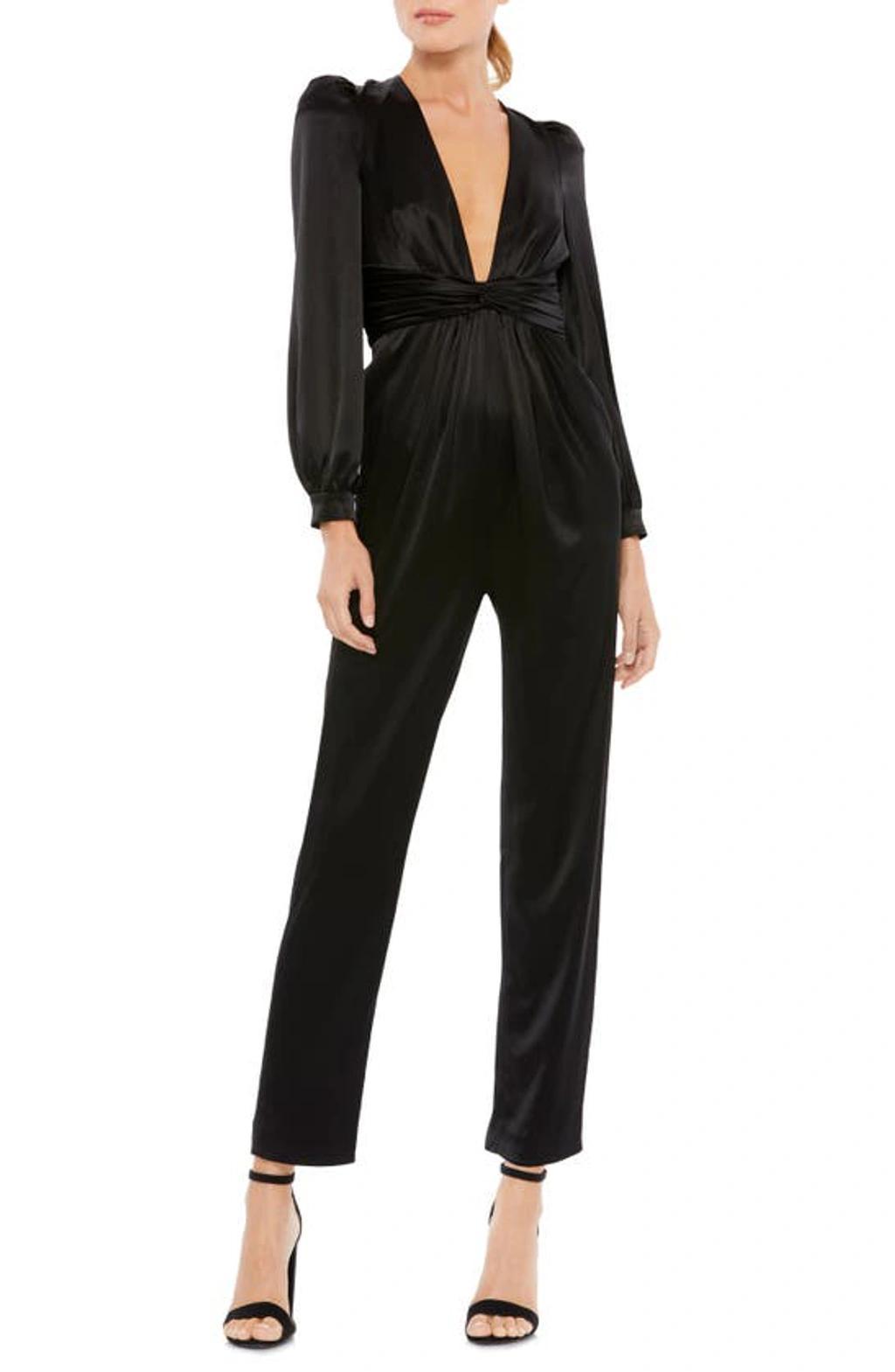 Plunge Neck Long Sleeve Satin Jumpsuit In Black Product Image