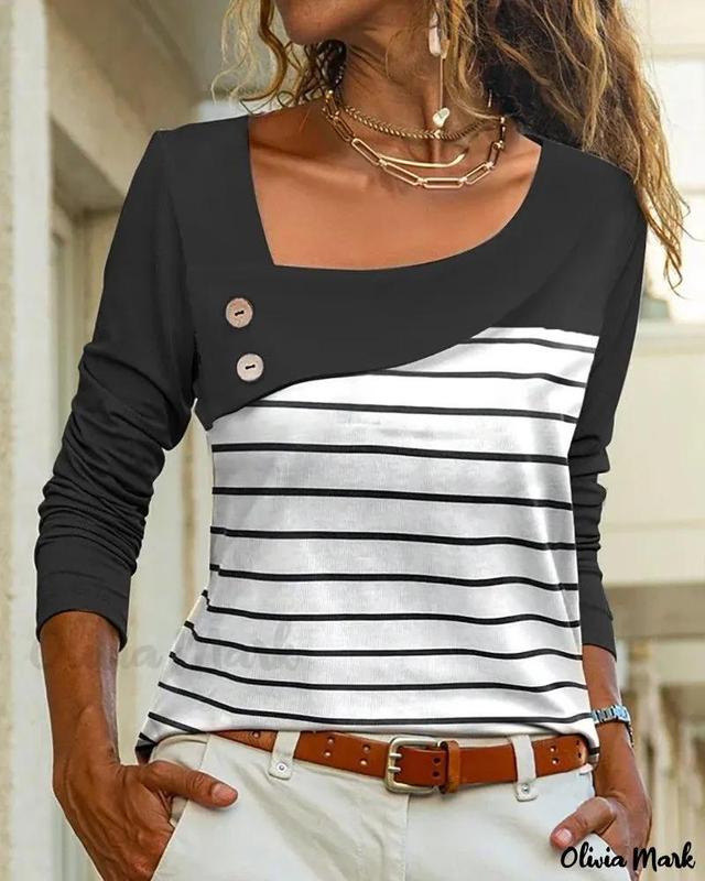 Olivia Mark – Asymmetrical Buttoned Top in Striped Colorblock Design Product Image