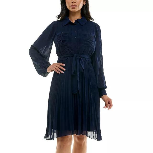 Womens Nina Leonard Pleated Dress with Tie Sash Blue Product Image