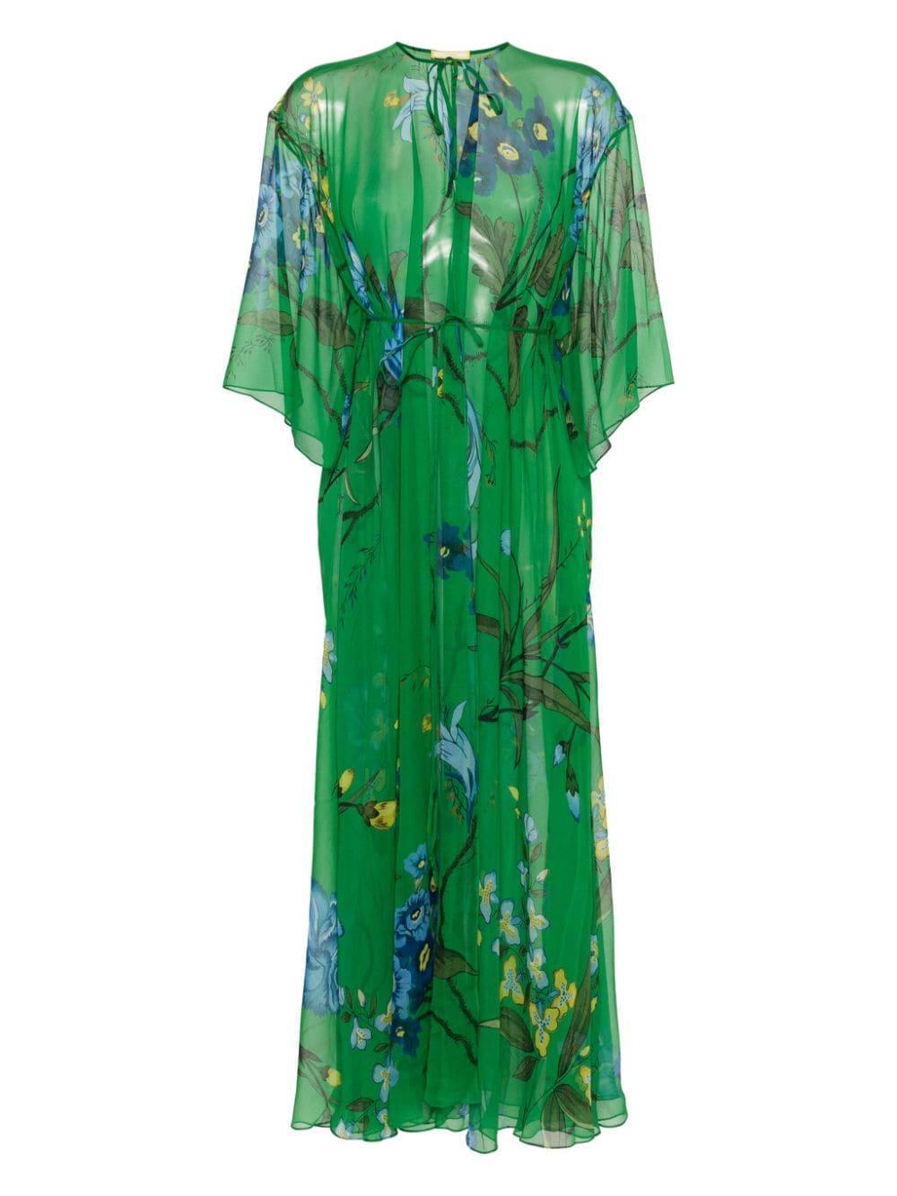 Floral-print Silk Open Maxi Kaftan Dress In Green Product Image