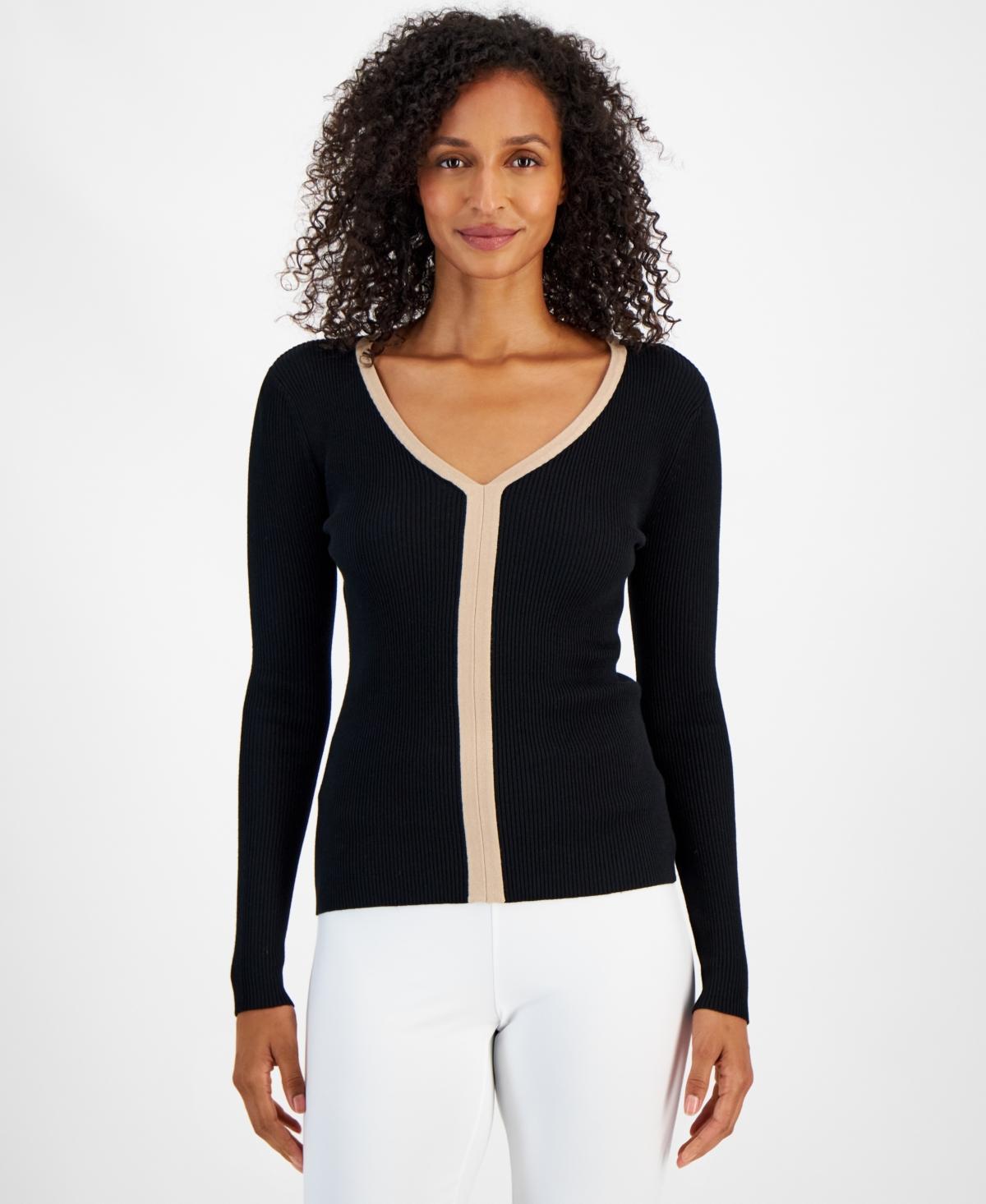 T Tahari Womens Contrast-Trim Ribbed Long-Sleeve Top Product Image