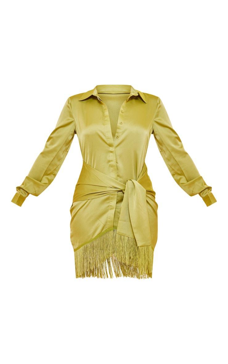 Lime Satin Drape Detail Tassel Hem Shirt Dress Product Image