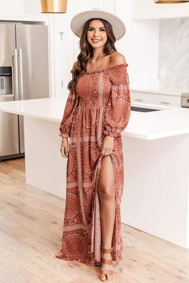 Sounds In My Mind Brick Smocked Bust Off The Shoulder Printed Maxi Dress Product Image