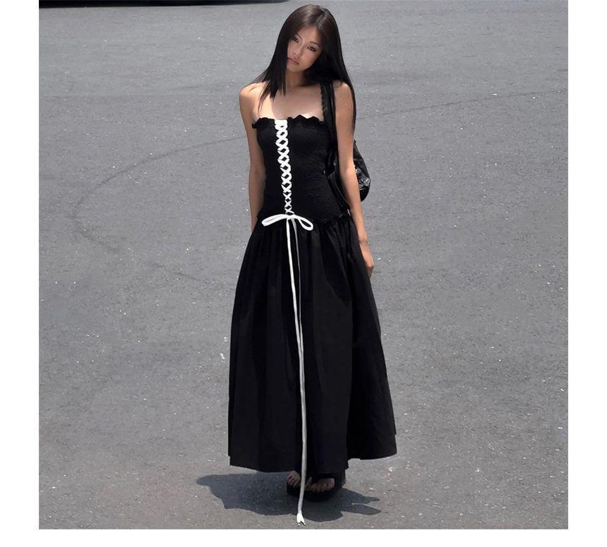 Strapless Plain Lace-Up Maxi A-Line Dress Product Image