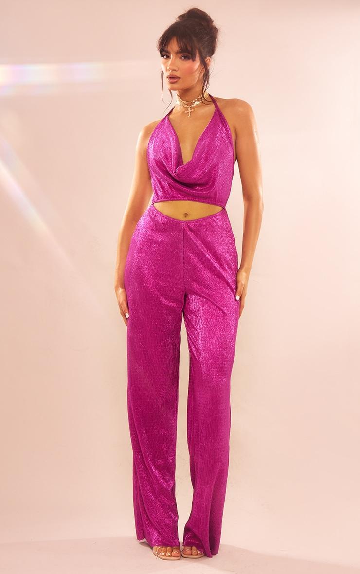 Pink Glitter Plisse Halterneck Cowl Cut Out Wide Leg Jumpsuit Product Image