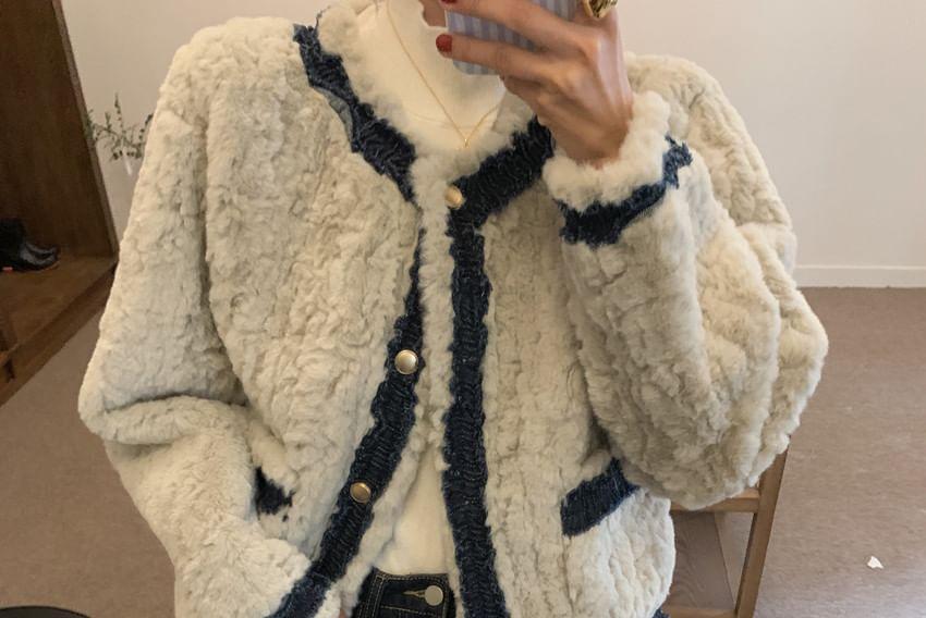 Round Neck Denim Panel Faux Fur Button Jacket Product Image