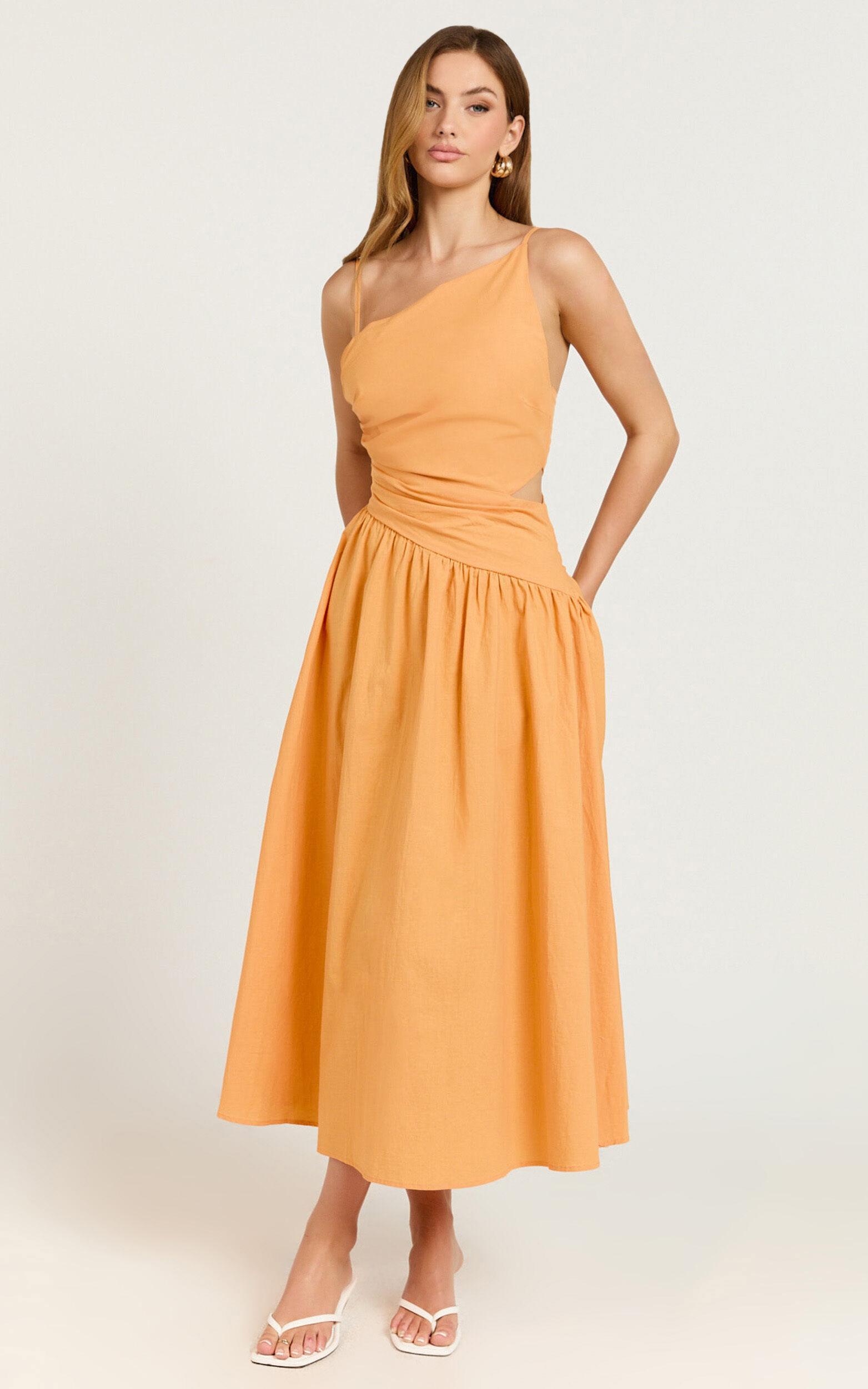 Ebony Midi Dress - Asymmetrical Cut Out Dress in Orange Product Image