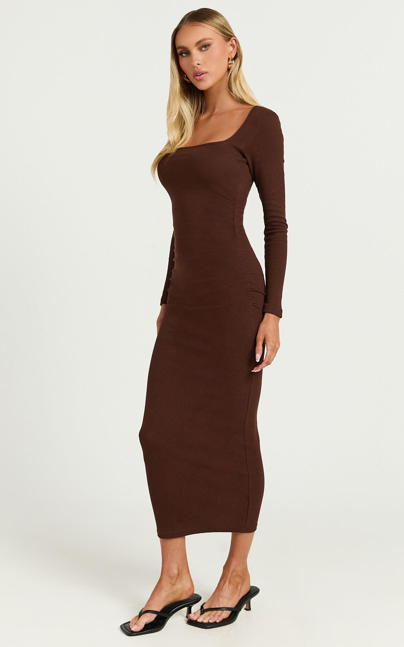 Lucy Midi Dress - Ribbed Side Ruched Bodycon Dress in Espresso Product Image