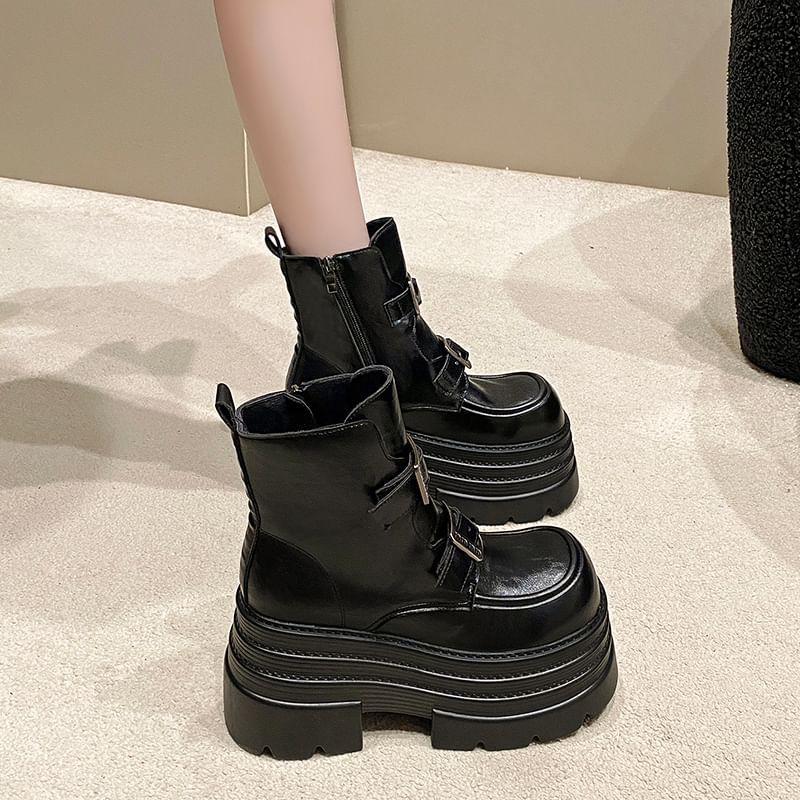 Faux Leather Buckled Platform Short Boots product image