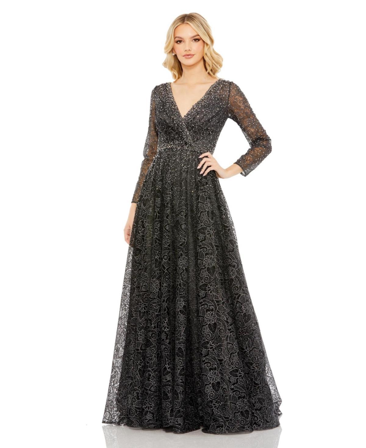 Womens Embellished Illusion Long Sleeve V Neck Gown Product Image