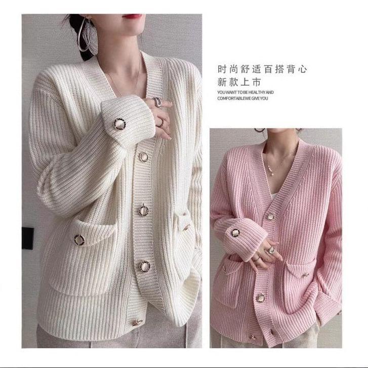 V-Neck Plain Button Cardigan Product Image