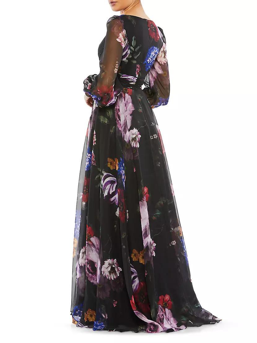 Long Sleeve Floral Chiffon Gown Product Image