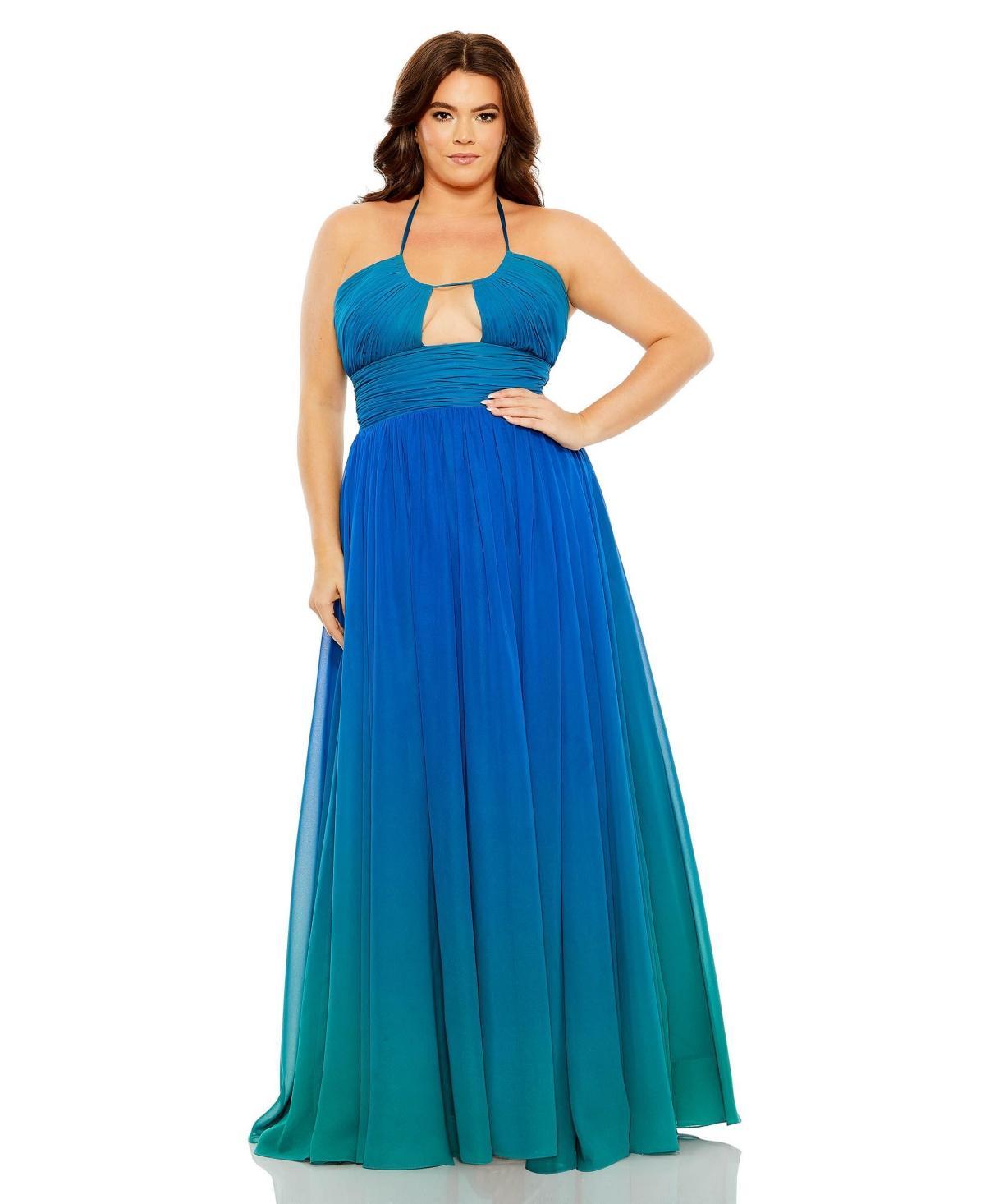 Mac Duggal Womens Plus Size Halter Ruched Ombre Gown Product Image