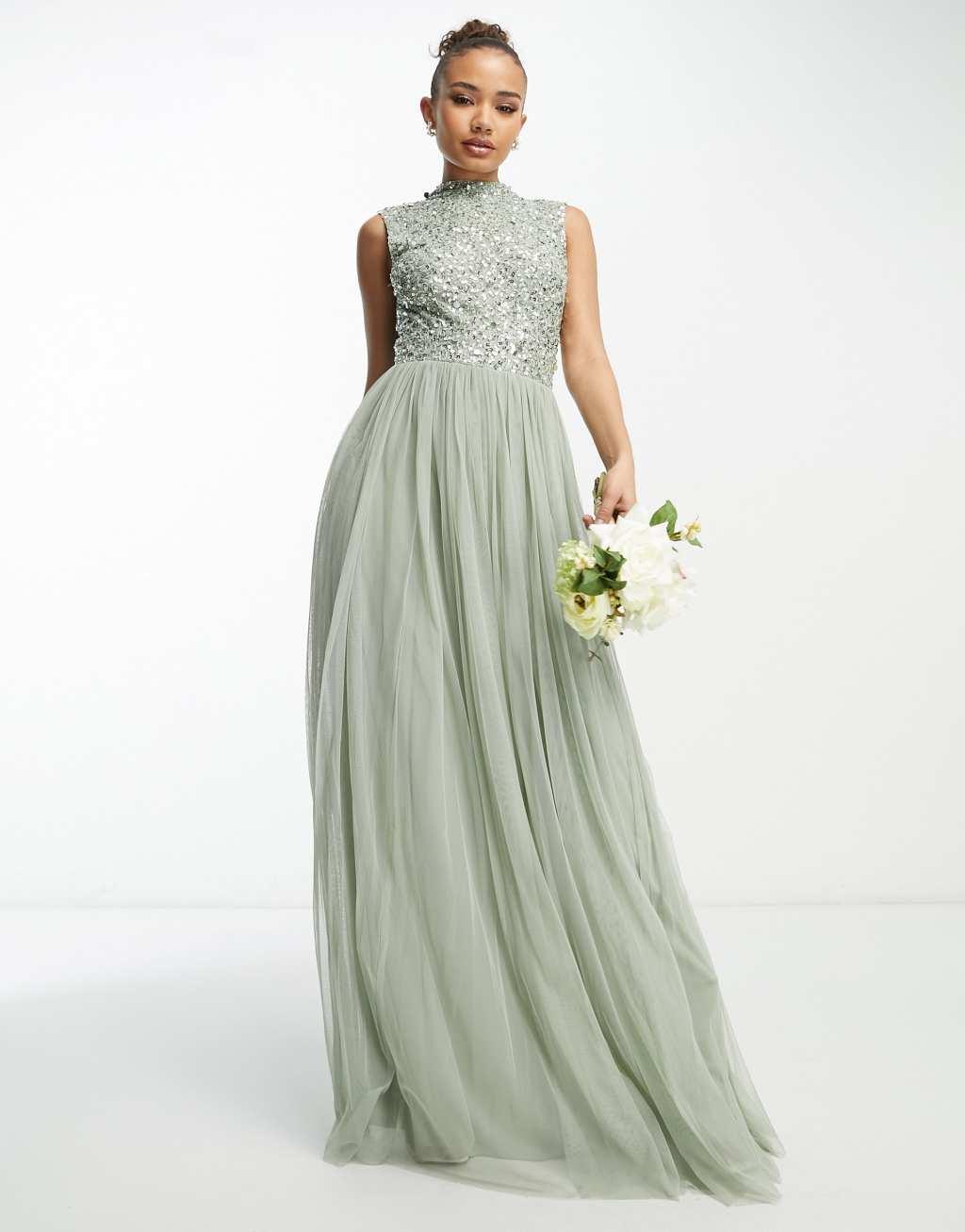 Beauut Bridesmaid 2 in 1 embellished maxi dress with full tulle skirt in sage  Product Image