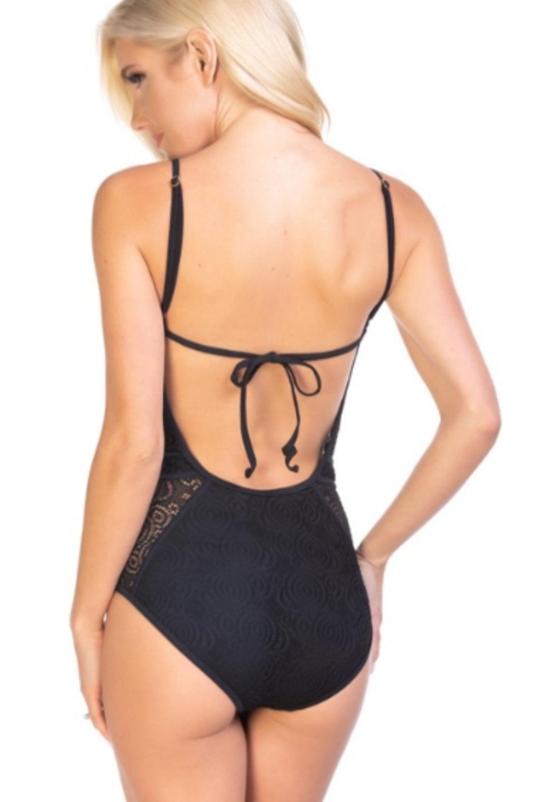 Mesh Lace Black One-Piece Swimsuit Product Image