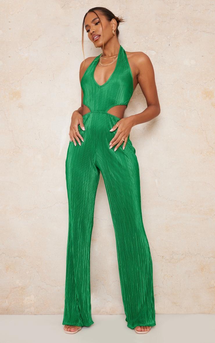 Green Plisse Halterneck Side Cut Out Plunge Jumpsuit product image