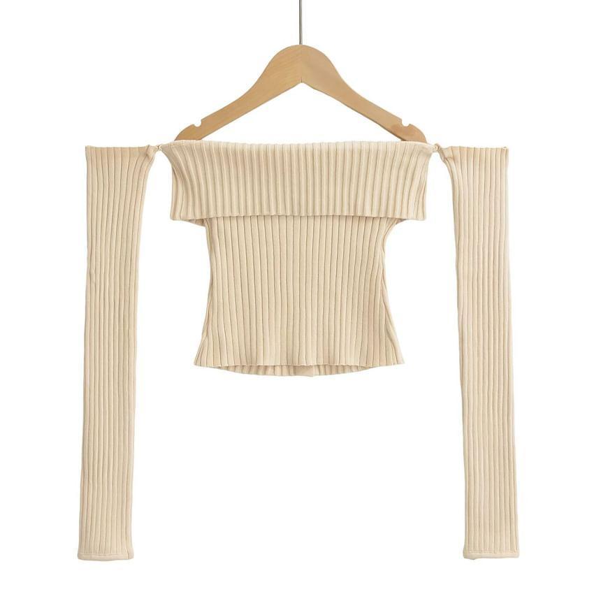 Long Sleeve Off Shoulder Plain Button Ribbed Knit Top Product Image