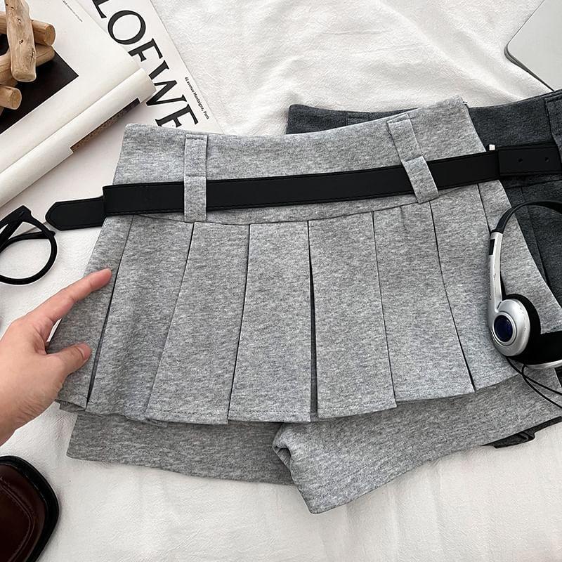 High Waist Plain Pleated Mini Skorts With Belt Product Image